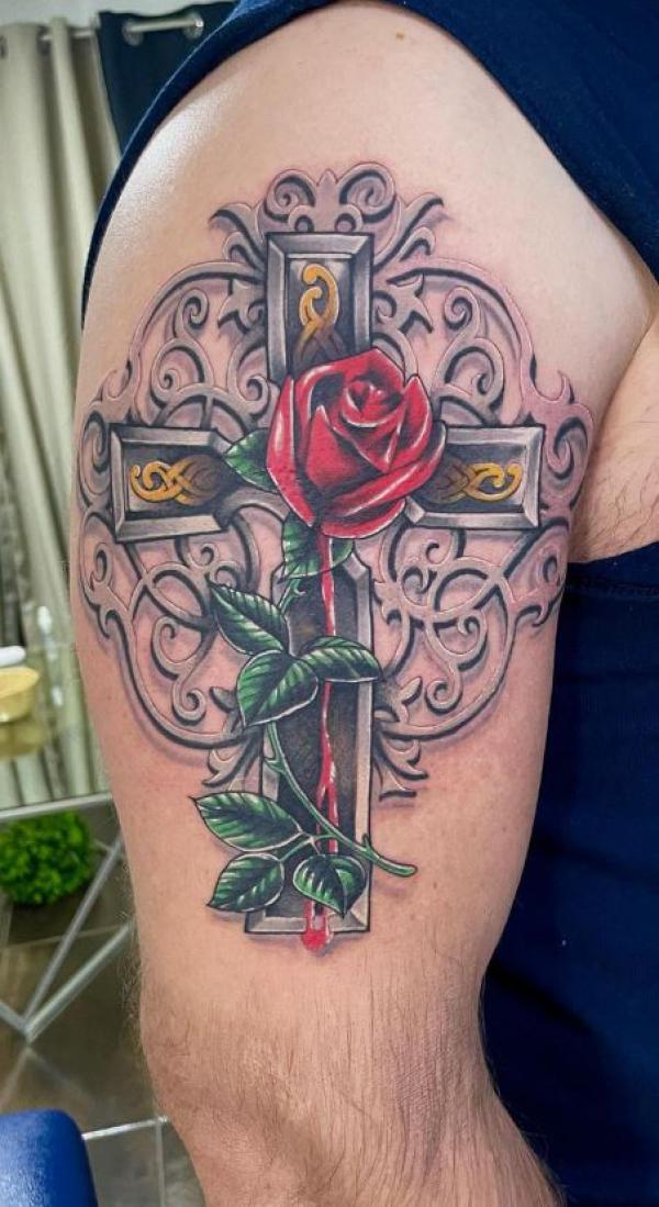 30 Cross with Rose Tattoo Ideas for Men and Women