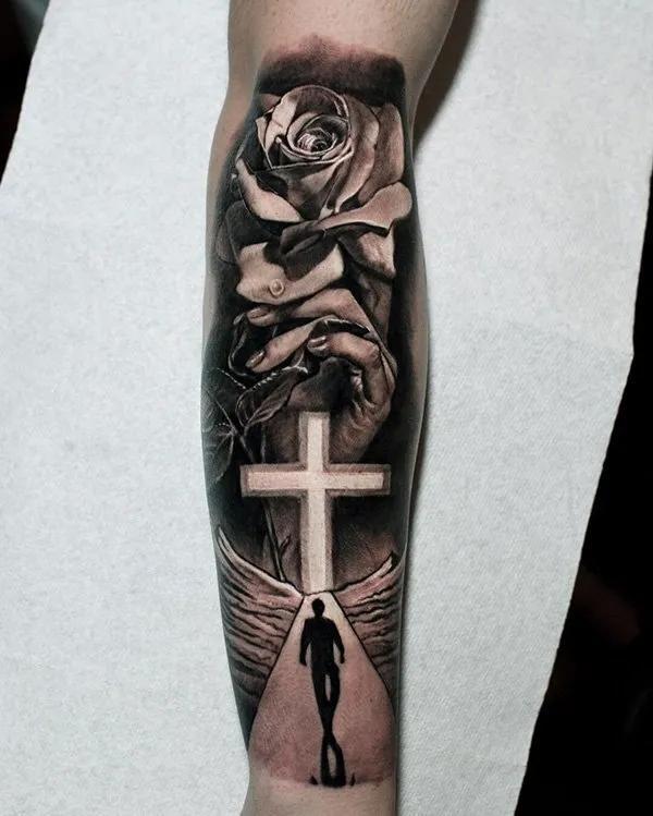 30 Cross with Rose Tattoo Ideas for Men and Women
