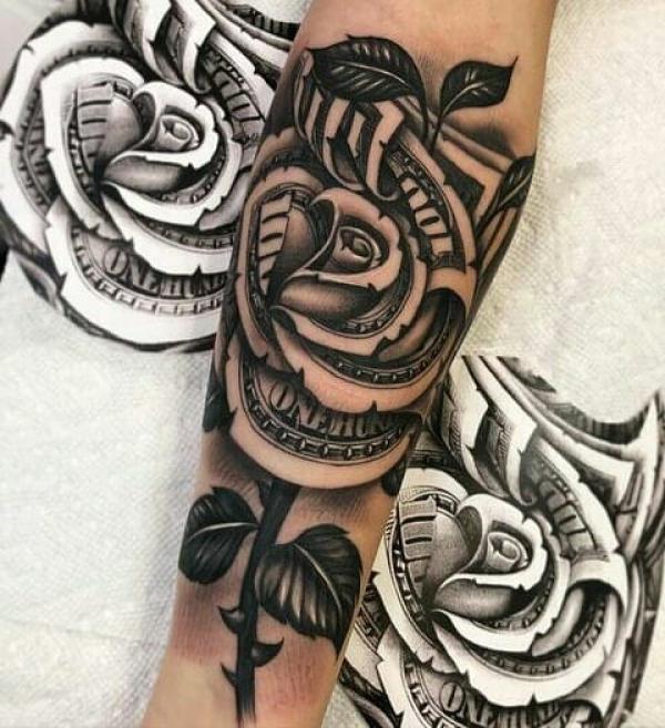 30 Striking Money Rose Tattoo Designs