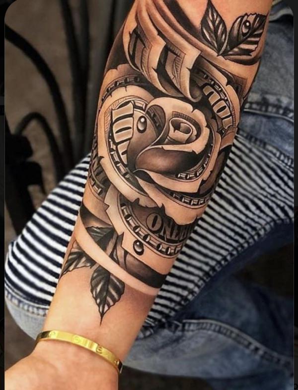 30 Striking Money Rose Tattoo Designs