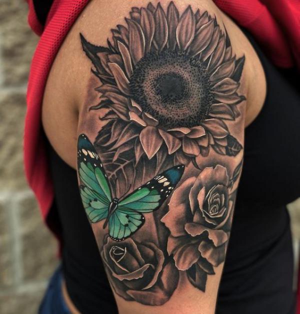 20 Beautiful Sunflower and Rose Tattoo Designs