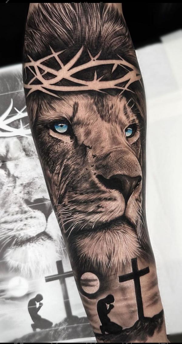 The Majestic Blend: Cross with Lion Tattoos