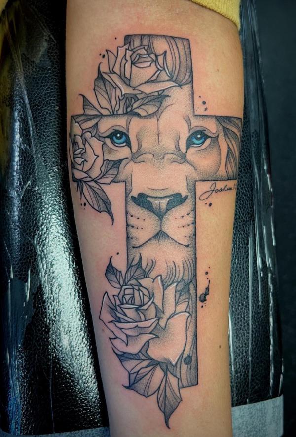 The Majestic Blend: Cross with Lion Tattoos