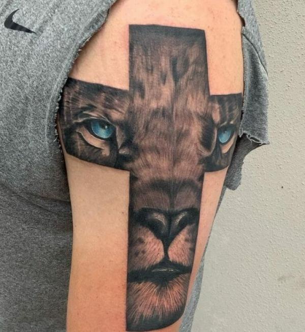 The Majestic Blend: Cross with Lion Tattoos