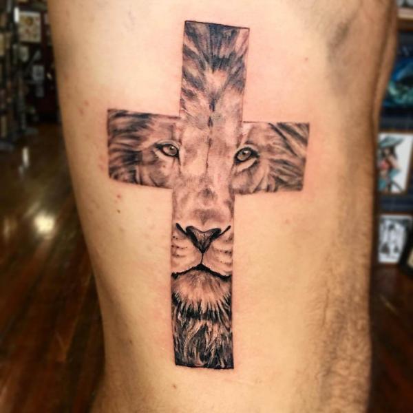 The Majestic Blend: Cross with Lion Tattoos