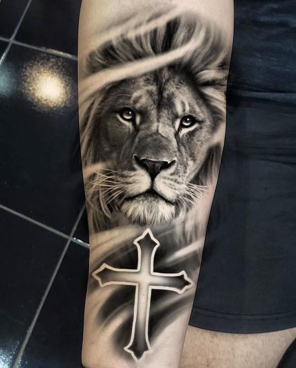 The Majestic Blend: Cross with Lion Tattoos
