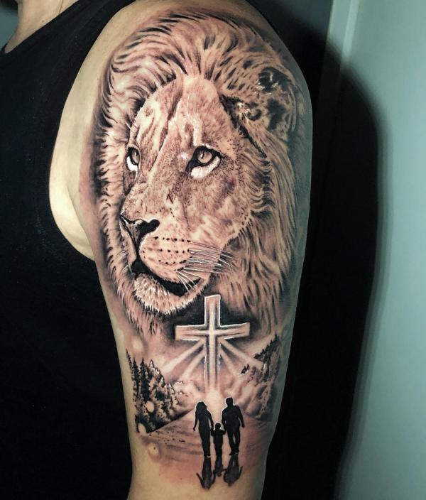 The Majestic Blend: Cross with Lion Tattoos