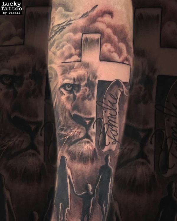The Majestic Blend: Cross with Lion Tattoos