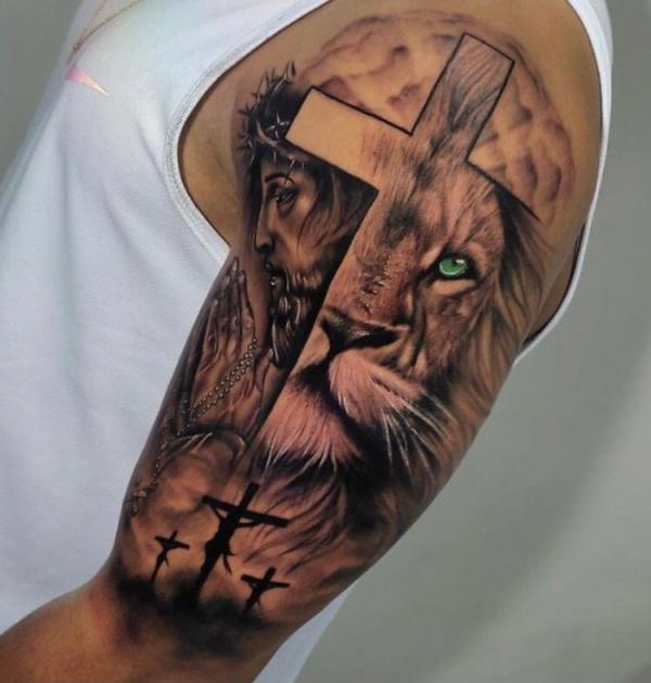 The Majestic Blend: Cross with Lion Tattoos