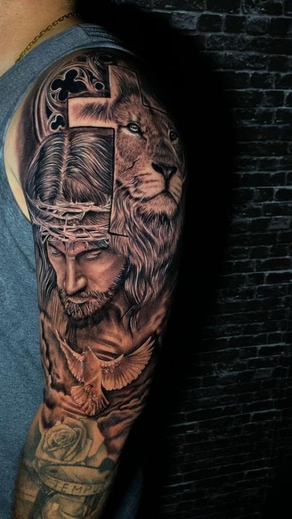 The Majestic Blend: Cross with Lion Tattoos