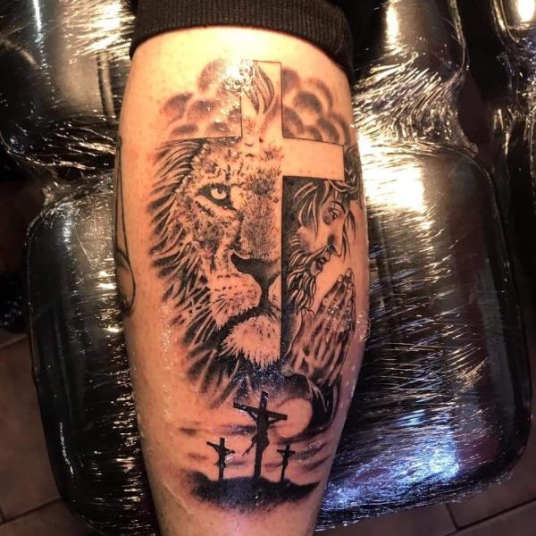 The Majestic Blend: Cross with Lion Tattoos