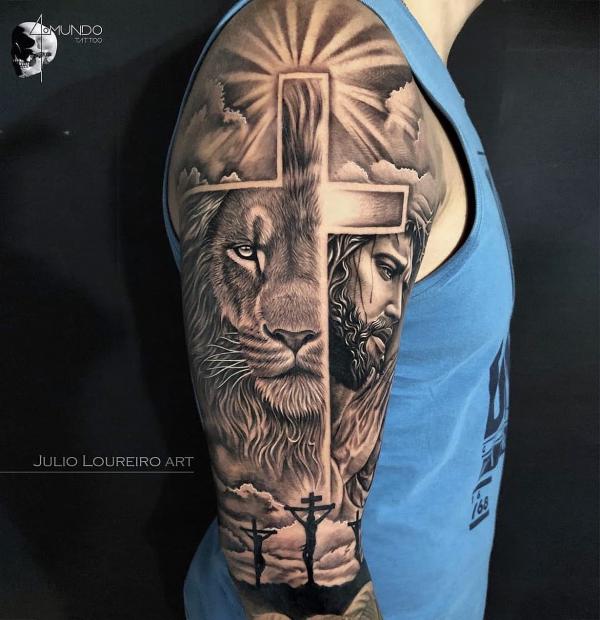 The Majestic Blend: Cross with Lion Tattoos