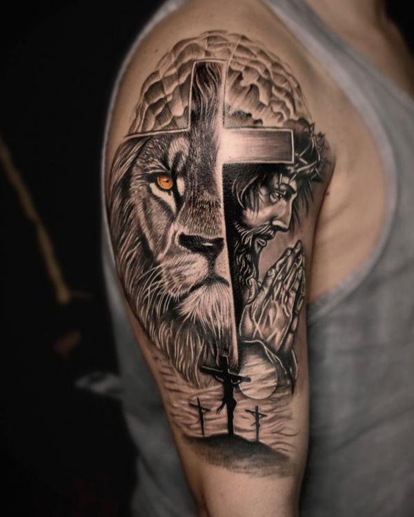The Majestic Blend: Cross with Lion Tattoos