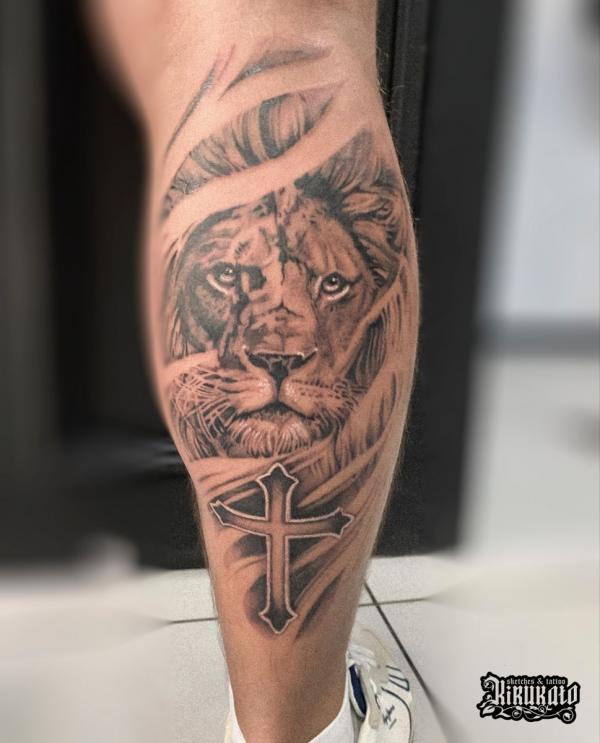 The Majestic Blend: Cross with Lion Tattoos