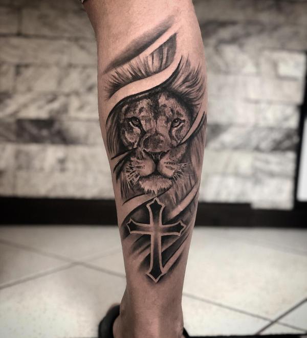 The Majestic Blend: Cross with Lion Tattoos