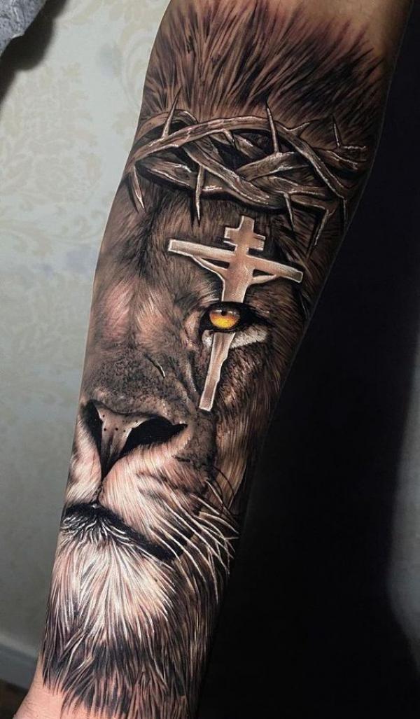 The Majestic Blend: Cross with Lion Tattoos