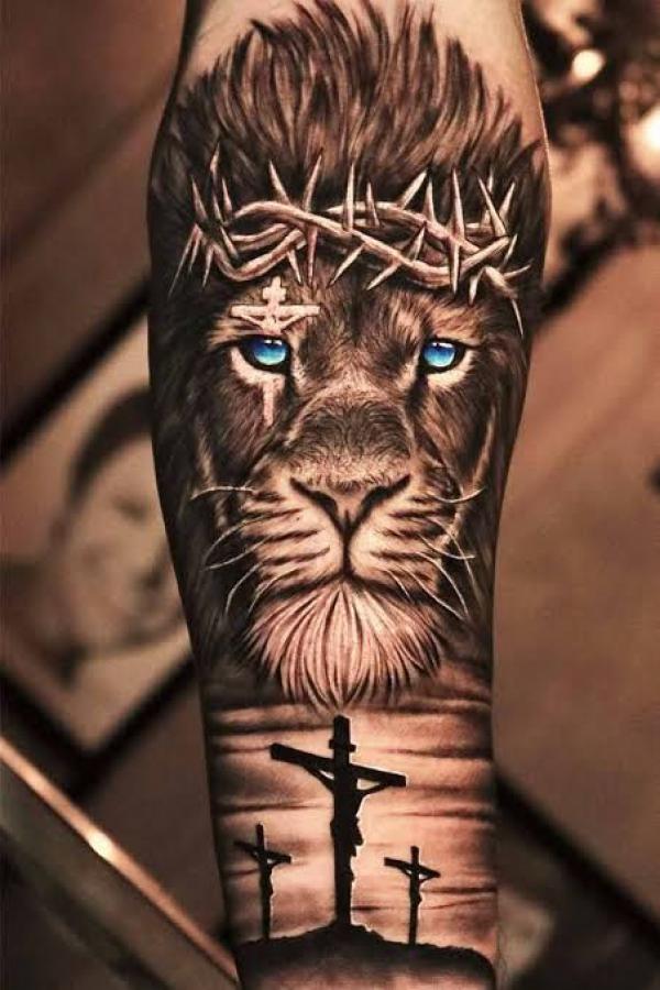 The Majestic Blend: Cross with Lion Tattoos