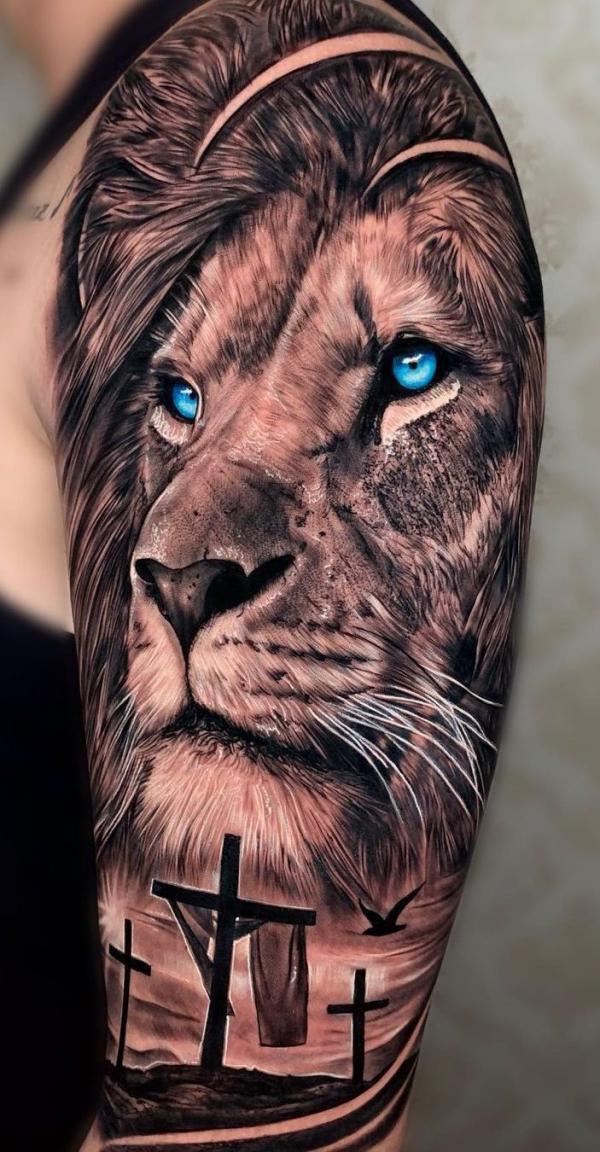 The Majestic Blend: Cross with Lion Tattoos