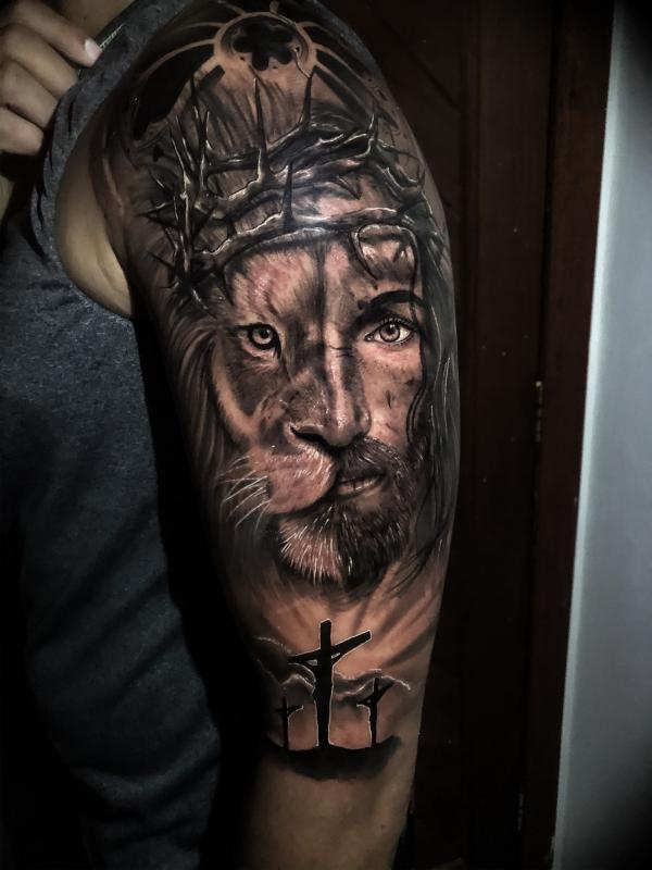 The Majestic Blend: Cross with Lion Tattoos